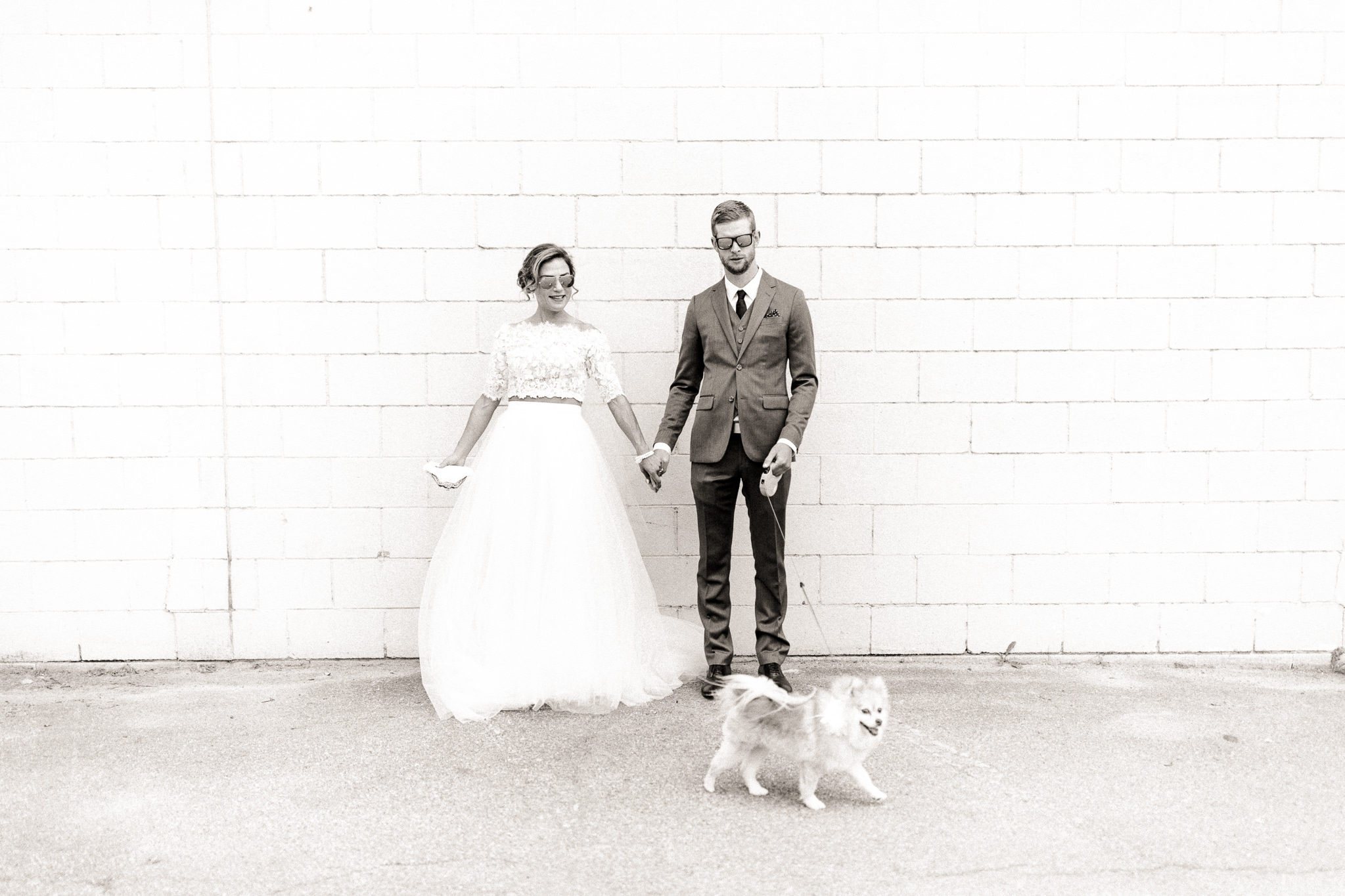 bride and groom with dog