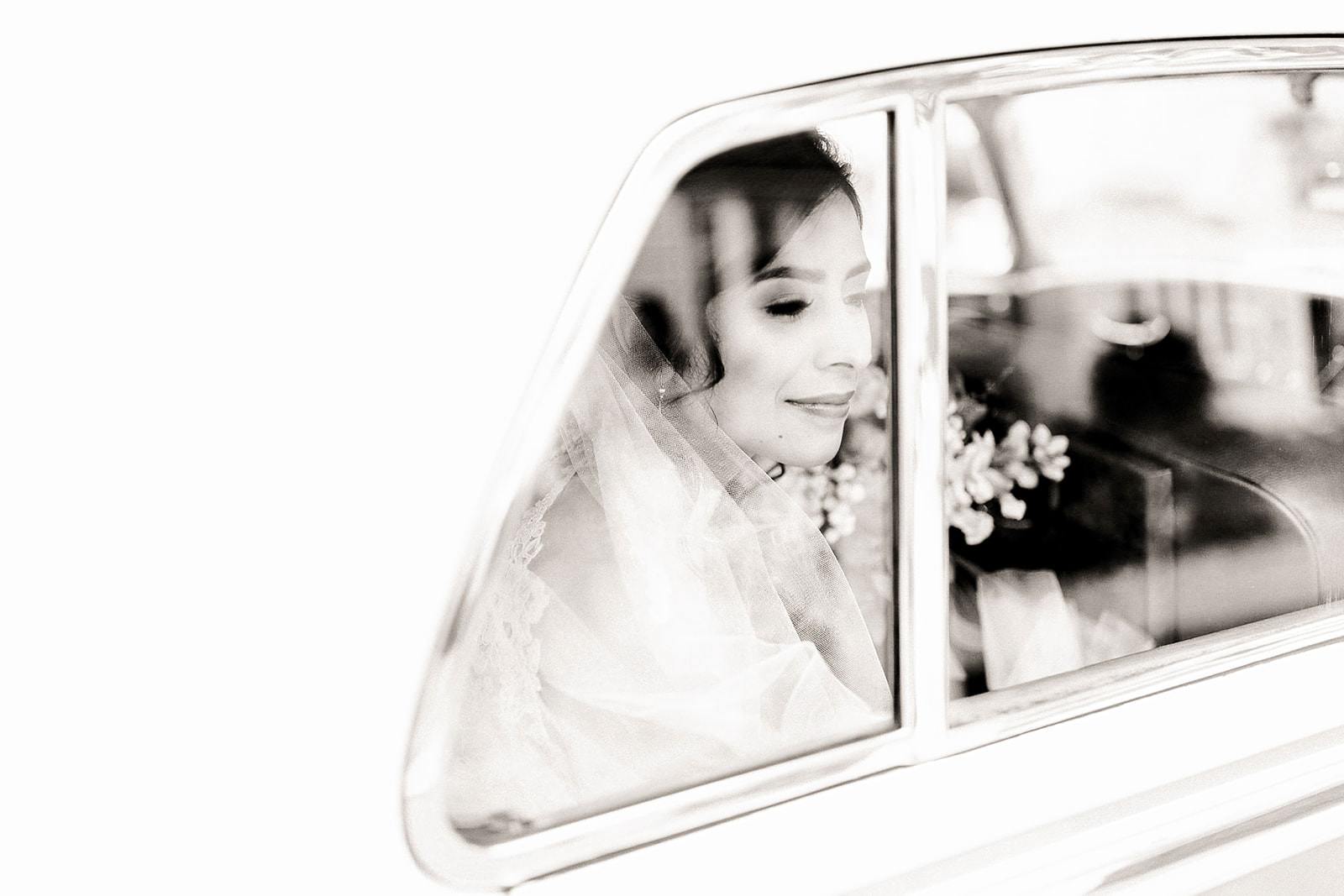 Bride getting into classic car wedding toronto